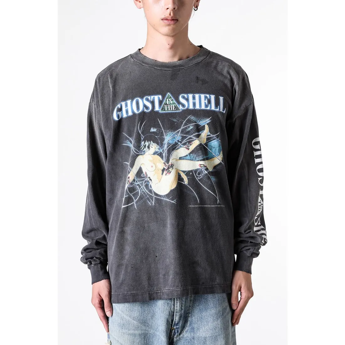 SAINT Mxxxxxx × GHOST IN THE SHELL Ghost in the Shell GS_LS TEE/GITS/BLK Big IP Ghost in the Shell co-branded model Sleeping Motoko Kusanagi Retro distressed long sleeves with holes Washed black S-XL